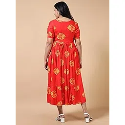 Maternity Nursing Dress Red with Yellow Floral Print Cotton Mid-Calf Side Zipper for Feeding Regular Fit-picture-12