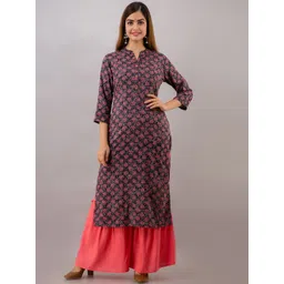 MAUKA Women Black Floral Printed Kurta with Peach Solid Tier Sharara-picture-27