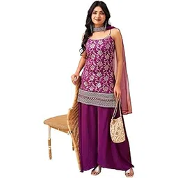mavixa Women's Art Silk Blend Salwar Suit Set | U Neck Sleeveless Floral Jacquard Short Kurti and Solid Dupatta with Flared Sharara-picture-23