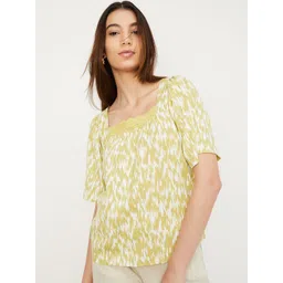 max Abstract Print Square Neck Puff Sleeves Cotton Top-picture-16