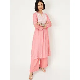 max Ethnic Motifs Embroidered Mandarin Collar Pleated A-Line Kurta With Trousers-picture-34