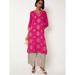 max Ethnic Motifs Embroidered V-Neck Chikankari A-Line Kurta-picture-32