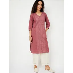max Floral Woven Design V-Neck Straight Cotton Kurta-picture-44