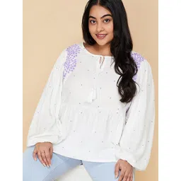 max Plus Size Geometric Embroidered Tie-Up Neck Puff Sleeve Top-picture-37