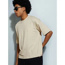 max URB_N Men Solid Round Neck Pure Cotton Beige T-Shirt-picture-37