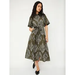 max Women Ethnic Print Shirt Collar Cotton Shirt Midi Dress-picture-14