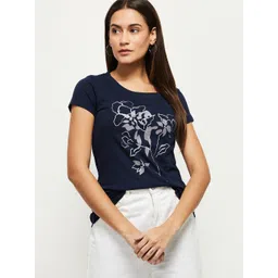 max Women Printed Round Neck Pure Cotton Blue T-Shirt-picture-15