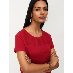 max Women Printed, Self Design Round Neck Pure Cotton Red T-Shirt-picture-14