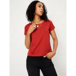 max Women Solid Round Neck Pure Cotton Brown T-Shirt-picture-12