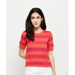 max Women Striped Round Neck Pure Cotton Pink T-Shirt-picture-12