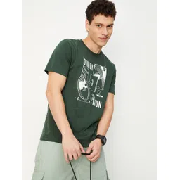 Men Printed, Typography Round Neck Pure Cotton Green T-Shirt-image-21