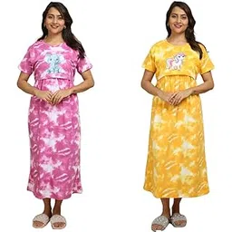 Mayaval Cotton Maternity & Nursing Dress Set for Women – Pack of 2 Midi Feeding Dresses in Pink and Yellow Tie-Dye Prints with Elephant & Unicorn Motifs-picture-37