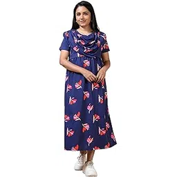 Mayaval Women's Maternity Midi Dress Navy Blue Cotton with Heart Print Short Sleeve Draped Dupatta Style-picture-20