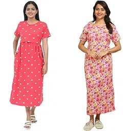 Mayaval Women’s Maternity Nursing Dress Set – Pack of 2 Coral Pink & Magenta Cotton Feeding Dress with Heart & Bow Print-picture-11