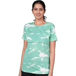 Mayaval Women's Top with Mint Green Tie-Dye Pattern Cotton Blend Short Sleeve Feeding Top-picture-27