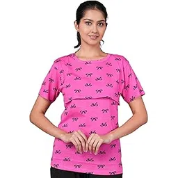 Mayaval Women's Top with Pink Cotton Blend T-Shirt with Bow Print Pattern Feeding Top-picture-10