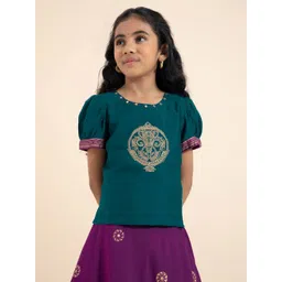 Maybell Girls Embroidered Mirror Work Foil Print Ready to Wear Lehenga &-picture-17