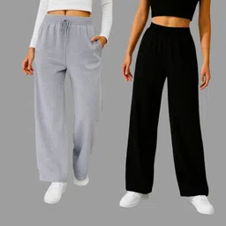 maygyq Pack of 2 Women Loose Fit Grey, Black Cotton Blend Trousers-picture-18