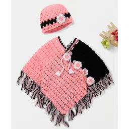 MayRa Knits Full Sleeves Flower Crochet Hand Knitted Poncho Sweater & Cap -Pink-picture-16