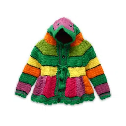 MayRa Knits Full Sleeves Knitted Striped Crotcheted Hooded Sweater - Green-picture-32