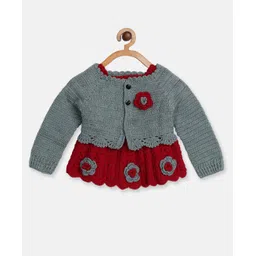 MayRa Knits Hand Knitted Floral Applique Detailed Crochet Dress & Full Sleeves Coordinating Shrug Set - Red & Grey-picture-33