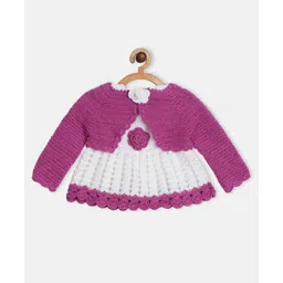 MayRa Knits Hand Knitted Full Sleeves Floral Crochet Designed & Colour Blocked Dress & Shrug Set - Purple-picture-16