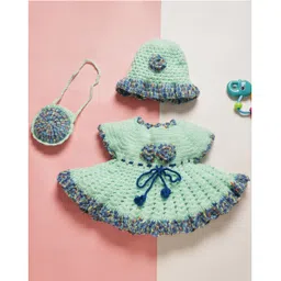 MayRa Knits Hand Knitted Knit Cap Sleeves Floral Crochet Designed Dress With Cap & Sling Bag - Green-picture-15