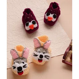 MayRa Knits Hand Knitted Pack Of 2 Animal & Bird Designed Booties - Magenta & Peach-picture-17