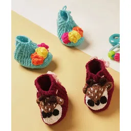 MayRa Knits Hand Knitted Pack Of 2 Animal & Floral Designed Booties - Magenta & Blue-picture-13