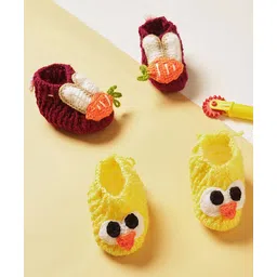 MayRa Knits Hand Knitted Pack Of 2 Bird & Carrot Designed Booties - Magenta & Yellow-picture-20