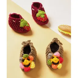 MayRa Knits Hand Knitted Pack Of 2 Strawberry & Smiley Faced Floral Applique Detailed Booties - Magenta & Brown-picture-22