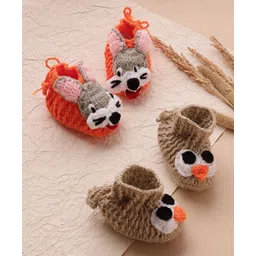 MayRa Knits Hand Knitted Woven Pack Of 2 Animal & Bird Applique Detailed Booties - Brown & Orange-picture-39