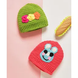 MayRa Knits Hand Knitted Woven Pack Of 2 Animal & Floral Designed Caps - Green & Red - Circumference - 36 Cms-picture-13