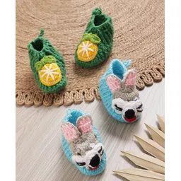 MayRa Knits Hand Knitted Woven Pack Of 2 Animal & Orange Applique Detailed Crochet Booties - Green & Blue-picture-12