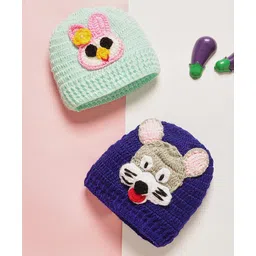 MayRa Knits Hand Knitted Woven Pack Of 2 Animal Designed Caps - Sea Green & Blue - Circumference - 32 Cms-picture-10