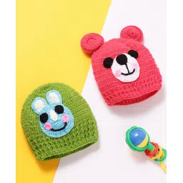 MayRa Knits Hand Knitted Woven Pack Of 2 Animal Designed Crochet Caps - Green & Red - Circumference 28 Cm-picture-22