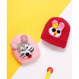 MayRa Knits Hand Knitted Woven Pack Of 2 Animal Designed Crochet Caps - Pink & Red - Circumference 25 Cm-picture-18