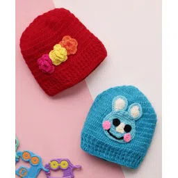 MayRa Knits Hand Knitted Woven Pack Of 2 Baby Animal Face & Floral Designed Crochet Caps - Red & Blue - Circumference 28 Cm-picture-14