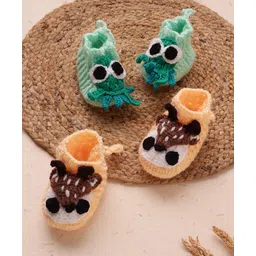 MayRa Knits Hand Knitted Woven Pack Of 2 Deer & Octopus Applique Detailed Booties - Sea Green & Peach-picture-13