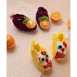 MayRa Knits Hand Knitted Woven Pack Of 2 Fruits & Animal Applique Detailed Booties - Magenta & Yellow-picture-10