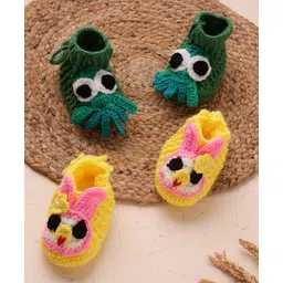 MayRa Knits Hand Knitted Woven Pack Of 2 Octopus & Bunny Applique Detailed Booties - Green & Yellow-picture-11