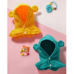 MayRa Knits Hand Knitted Woven Pack Of 2 Solid Crochet Hooded Caps - Orange & Green - Circumference 41 Cm-picture-16