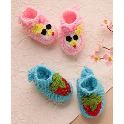 MayRa Knits Hand Knitted Woven Pack Of 2 Strawberry & Bird Applique Detailed Booties - Blue & Pink-picture-37