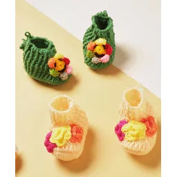 MayRa Knits Handknitted Pack Of 2 Floral Applique Detailed Booties - Cream & Green-picture-15