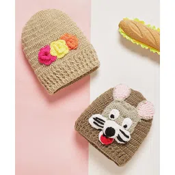 mayra knits MayRa Knit Hand Knitted Pack Of 2 Floral & Animal Applique Detailed Crochet Caps - Brown & Beige - Circumference 32 Cm-picture-25