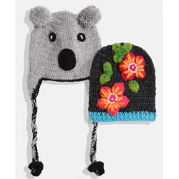 mayra knits MayRa Pack Of 2 Flower Embroidered & Bear Design Hand Knitted Caps - Grey-picture-23