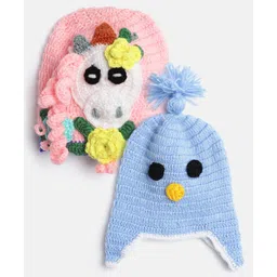 MayRa Knits Pack Of 2 Hand Knitted Animals Crochet Designed Caps - Blue & Pink-picture-23
