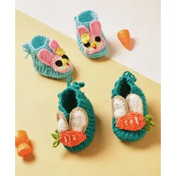 MayRa Knits Pack Of 2 Hand Knitted Bunny & Carrot Designed Booties - Blue & Green-picture-16