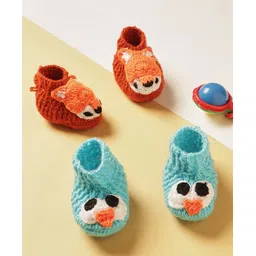 MayRa Knits Pack Of 2 Hand Knitted Fox & Bird Designed Booties - Orange & Blue-picture-26