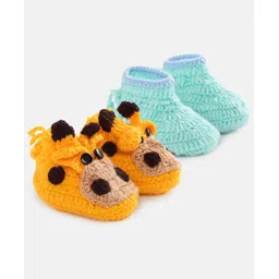 MayRa Knits Pack of 2 Hand Knitted Giraffe & Solid Design Booties - Yellow & Blue-picture-28